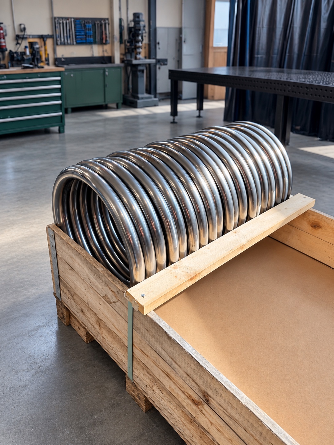 Gebogene Metallringe in einer Holzkiste